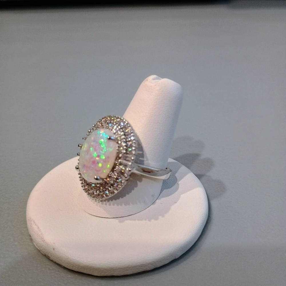 Opal Cocktail Ring With CZ Halo Rhodium Size 6 - Picture 9 of 10